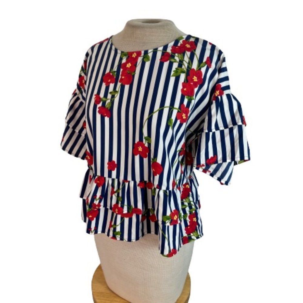 Sweet Rain Peplum Stripe Floral Top Shirt Blouse S Small